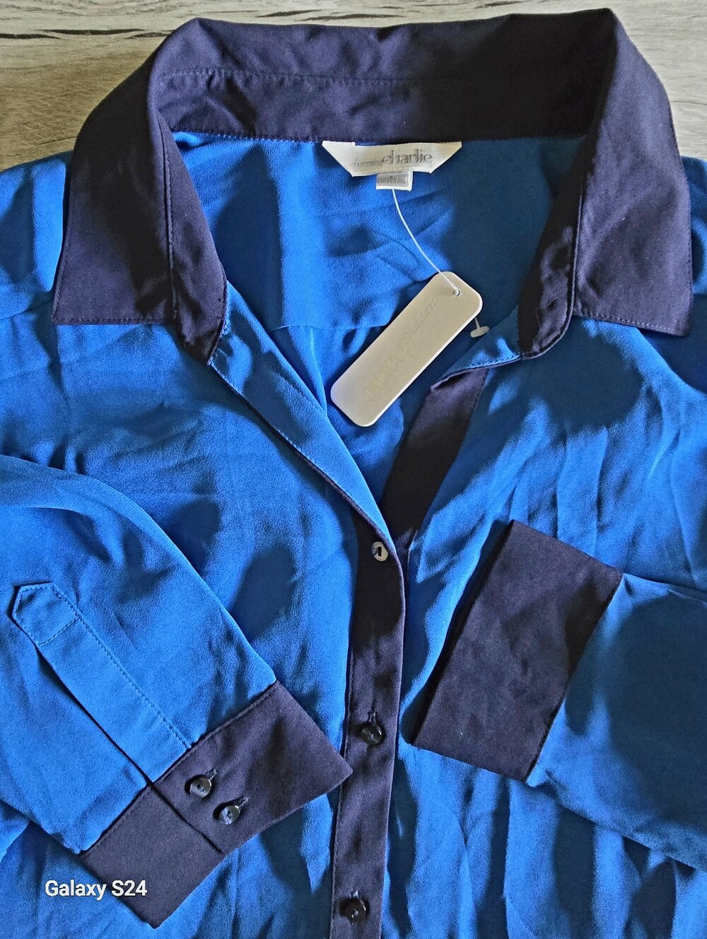 Blue Button-Up Blouse with Dark Navy Trim